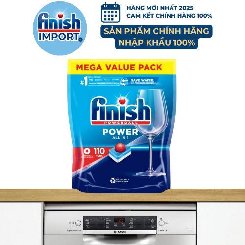 Túi 110 viên Finish All in 1 Max 2025, 10 tính năng, dành cho máy rửa chén 9-13 bộ, làm sạch hiệu quả